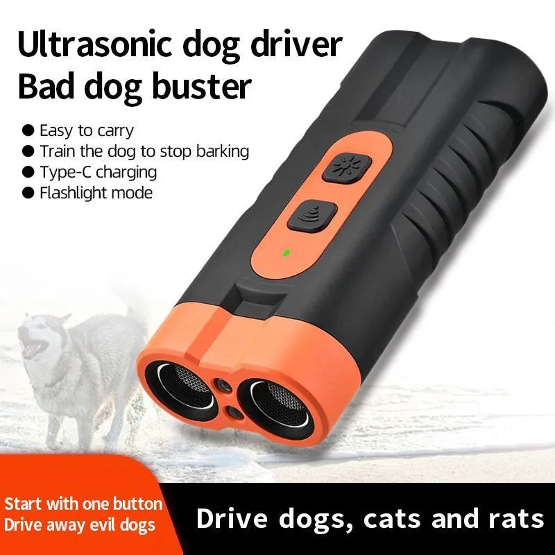 Dog Drives ultrasonic two-head dog repellent device in black plastic casing with compact dimensions
