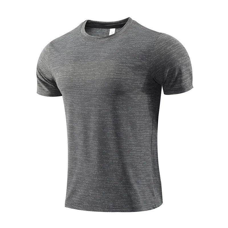 A short-sleeved red polyester spandex sports T-shirt laid flat, designed for running and workouts.