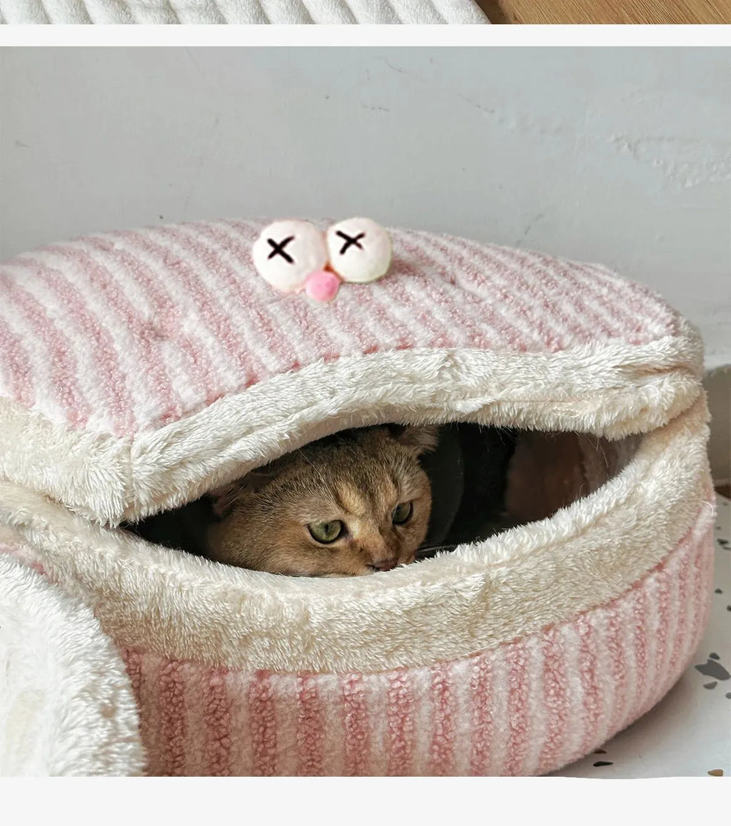Causeway Braised Sandwich Cat Nest, warm velvet cat bed, 45cm diameter, pink colour, removable lid