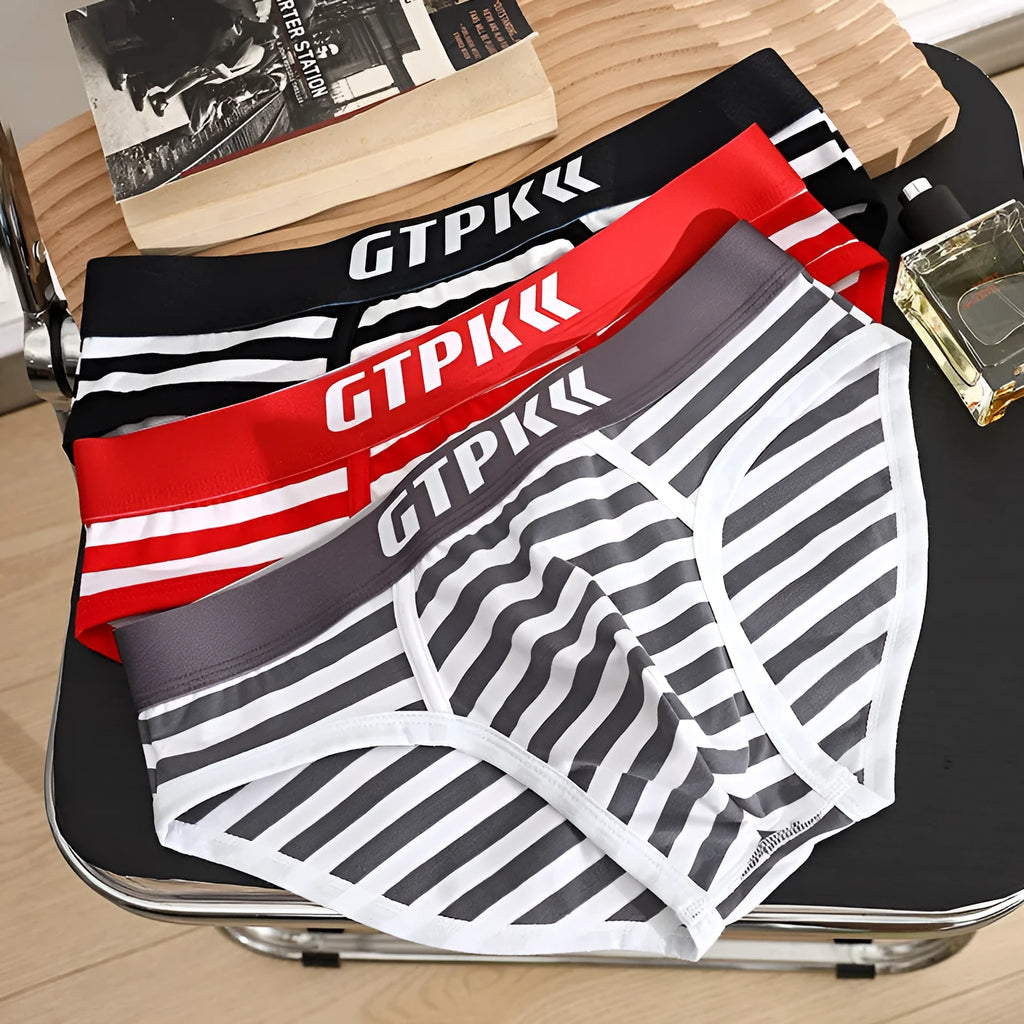 Men's plus size cotton striped triangle boxer shorts in navy blue, mid-waist breathable design