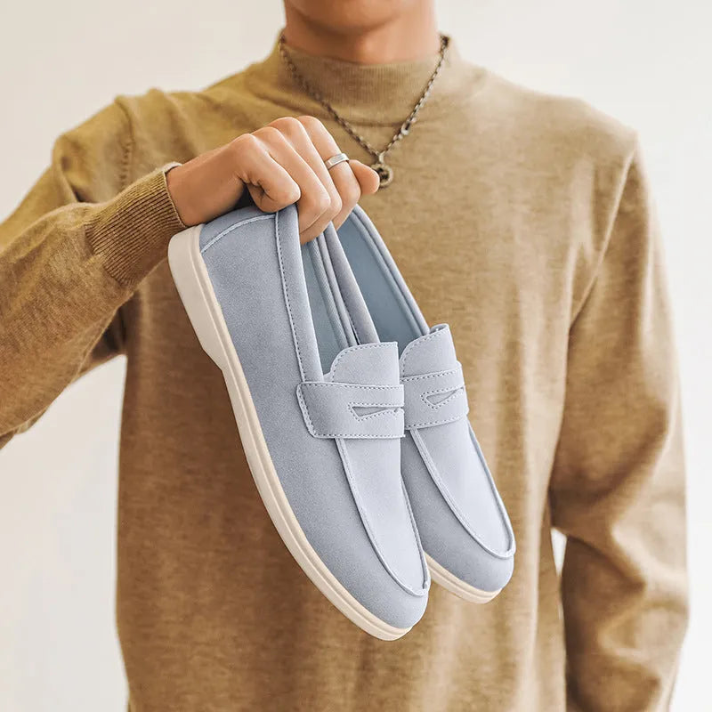 Men's suede casual shoes in four colours with low flat heel and vulcanised rubber sole