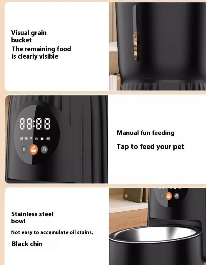 Black automatic pet feeder with digital display and food bowl on a kitchen counter.