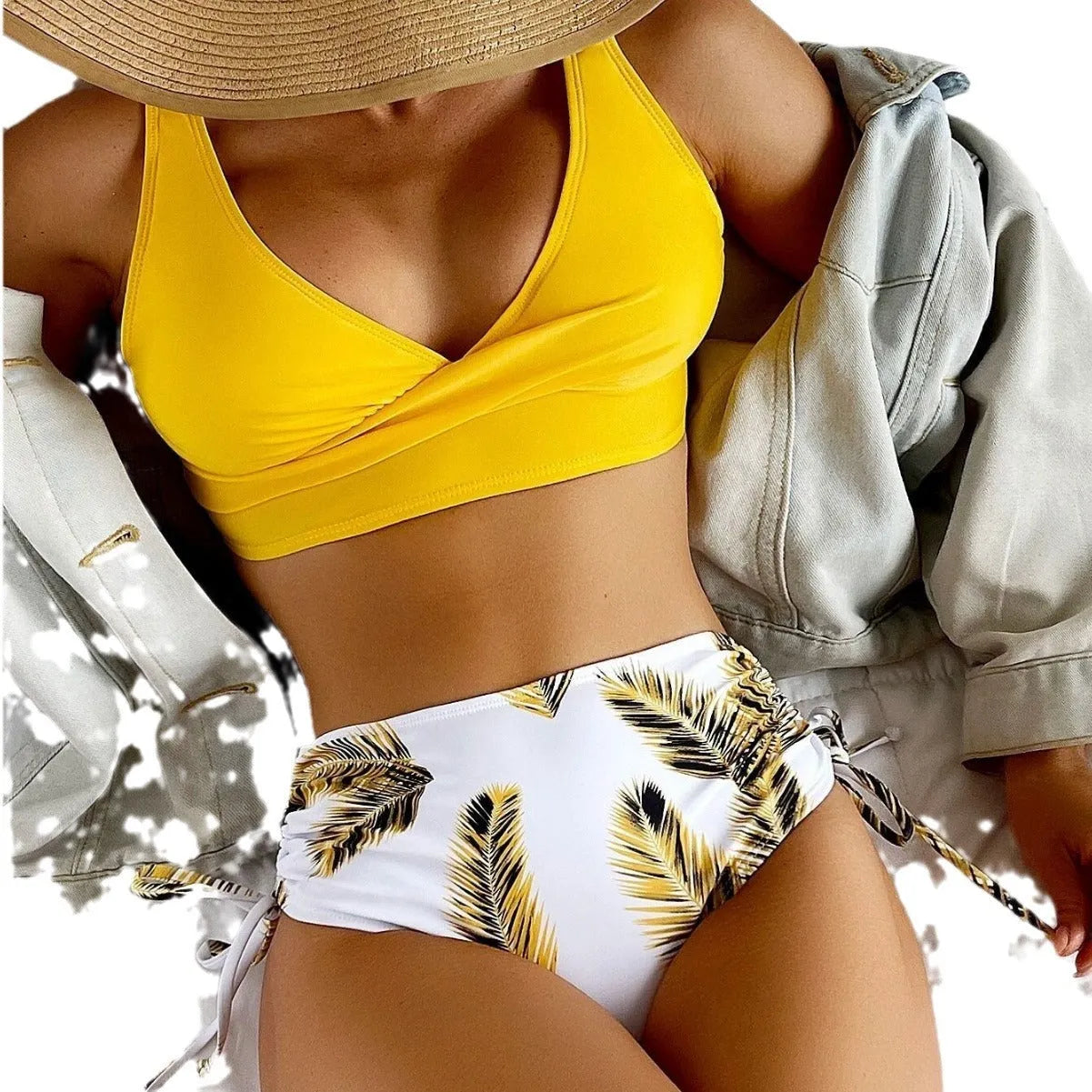 Women's split drawstring bikini swimsuit with high-waist briefs in multiple colour options