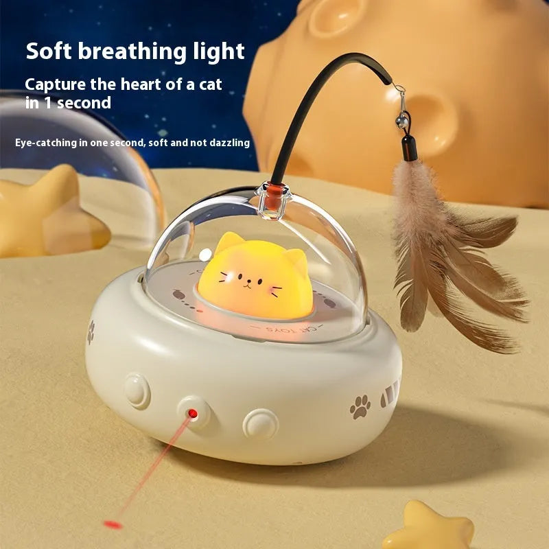 Electric UFO cat teaser toy with bell and replaceable feather in Milk Coffee colour