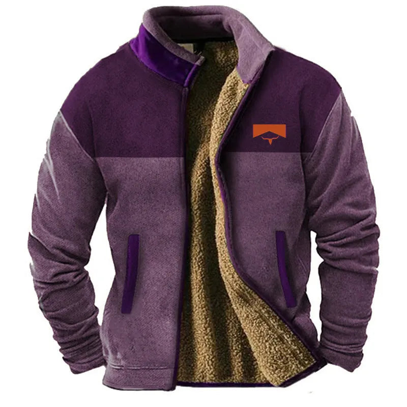 Men's green polyester fleece padded coat on a hanger, regular length.
