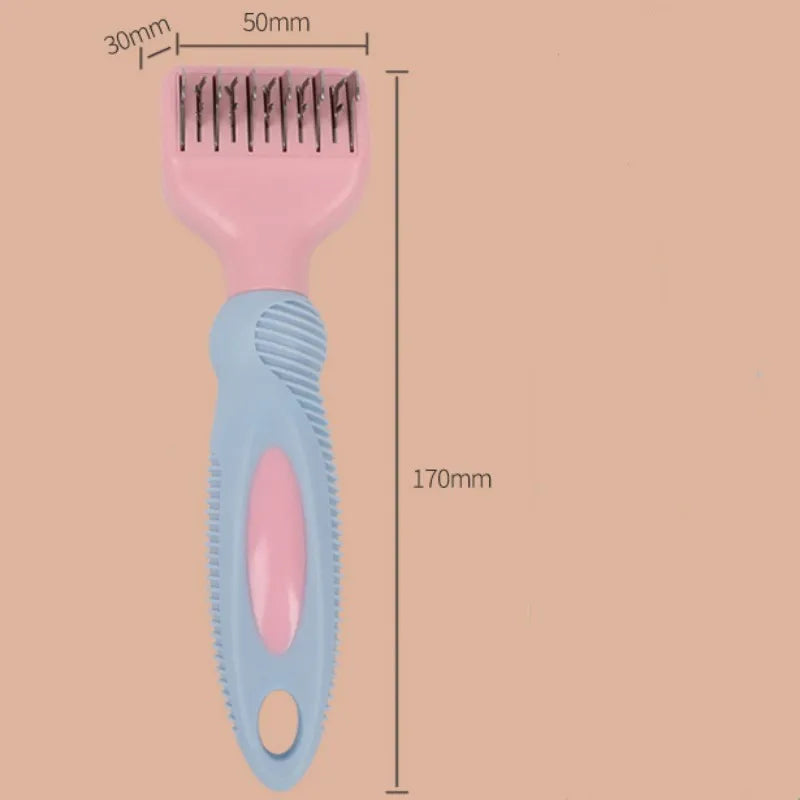 Stainless steel pet grooming comb with rubber massage tips in pink or purple colour