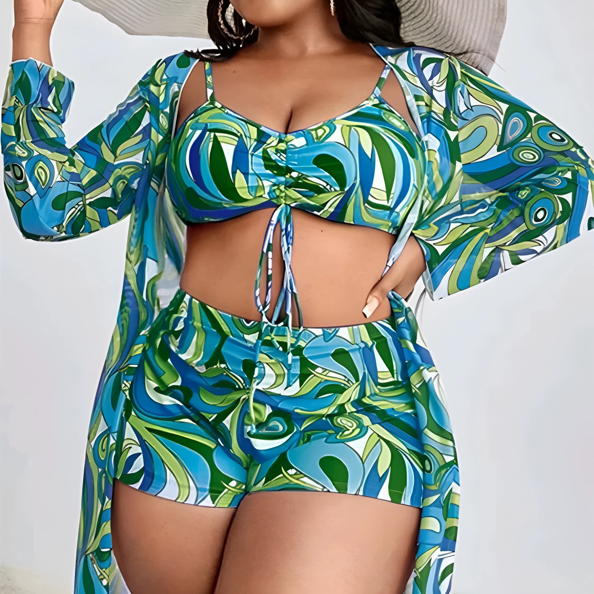 Women's floral print bikini set with underwire bra, high-waisted briefs, and a sheer cover-up cardigan.