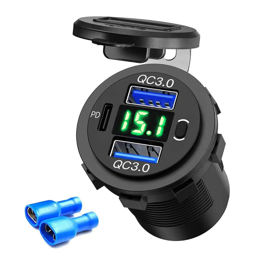 Dual QC car phone charger PD30 with digital display, blue with wire, showing 12V output