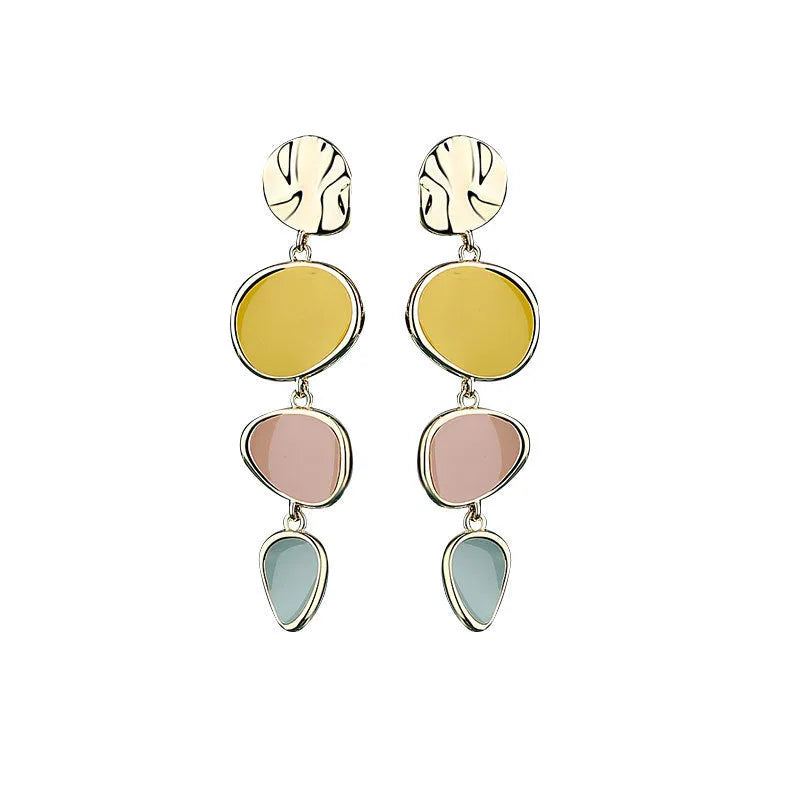 Morandi three-colour oil drip finish on disc-shaped alloy earrings with sterling silver post.