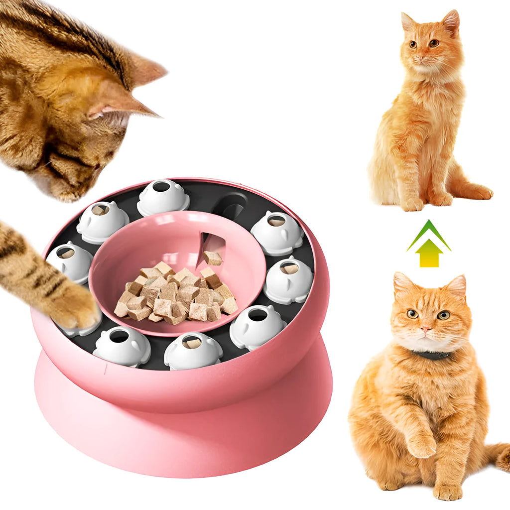 Orange or pink interactive cat slow feeder puzzle bowl with 15-degree tilt