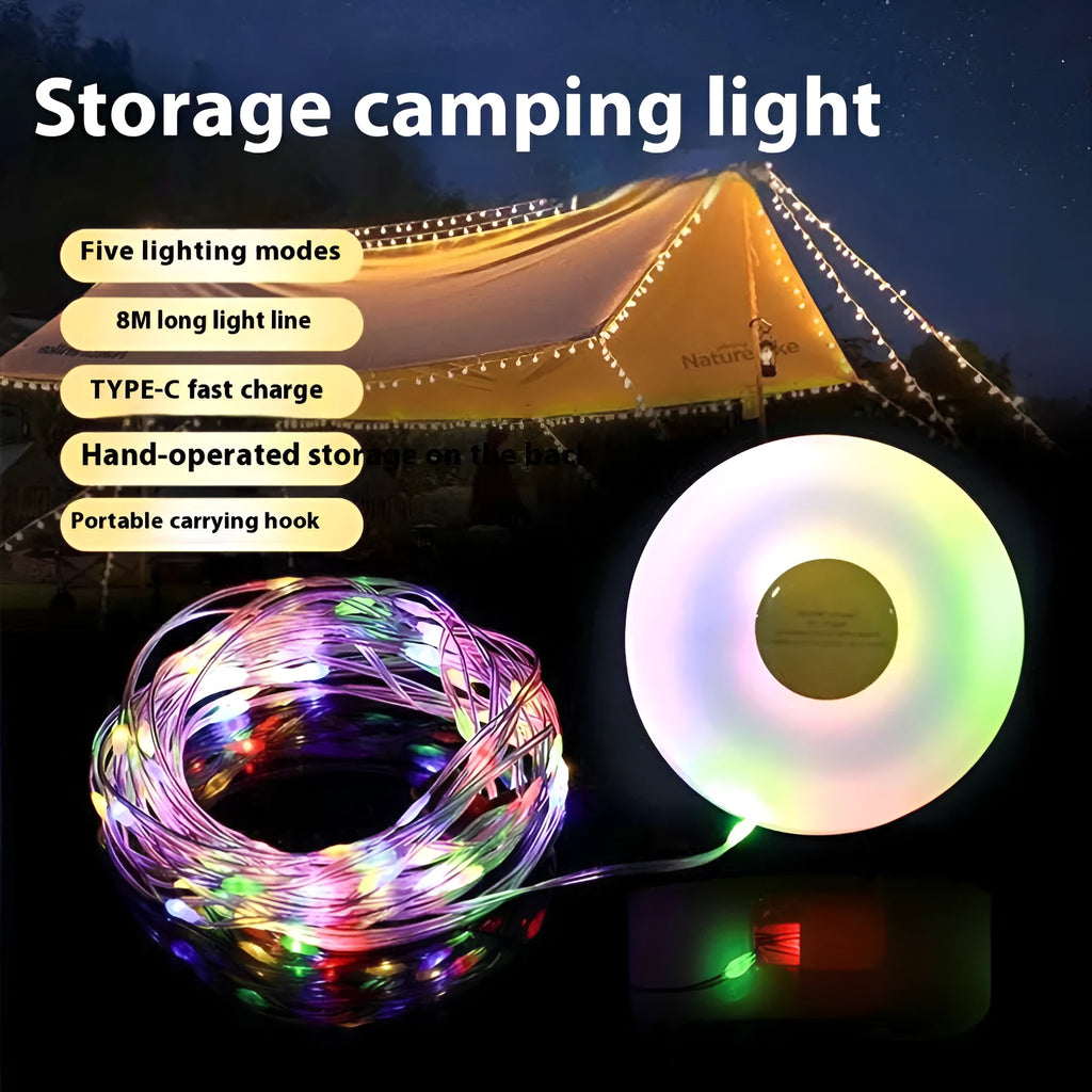 Rechargeable outdoor tent string lighting with 30 LEDs along 8 metres of flexible material