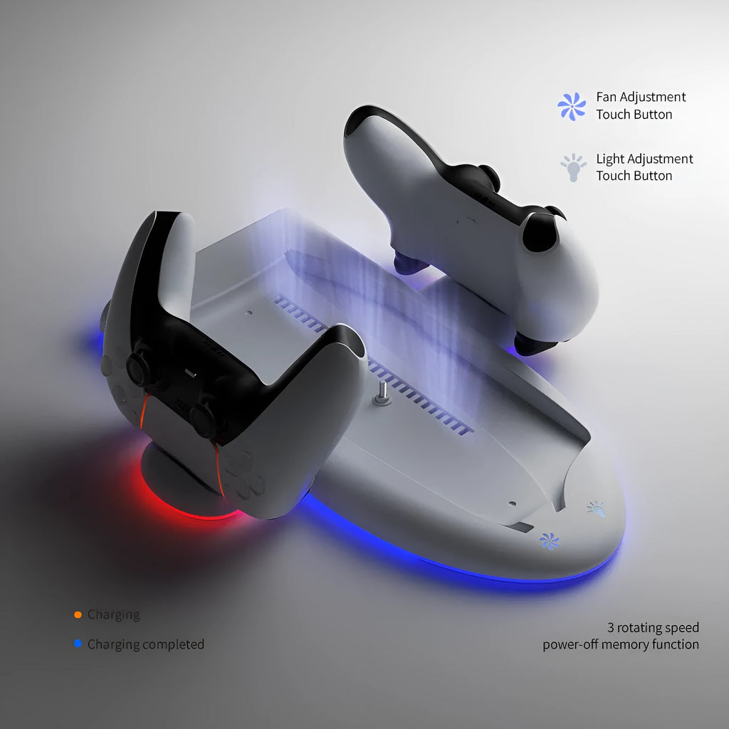 White PS5 Slim charging base with RGB ambient lighting and fixed controller charger