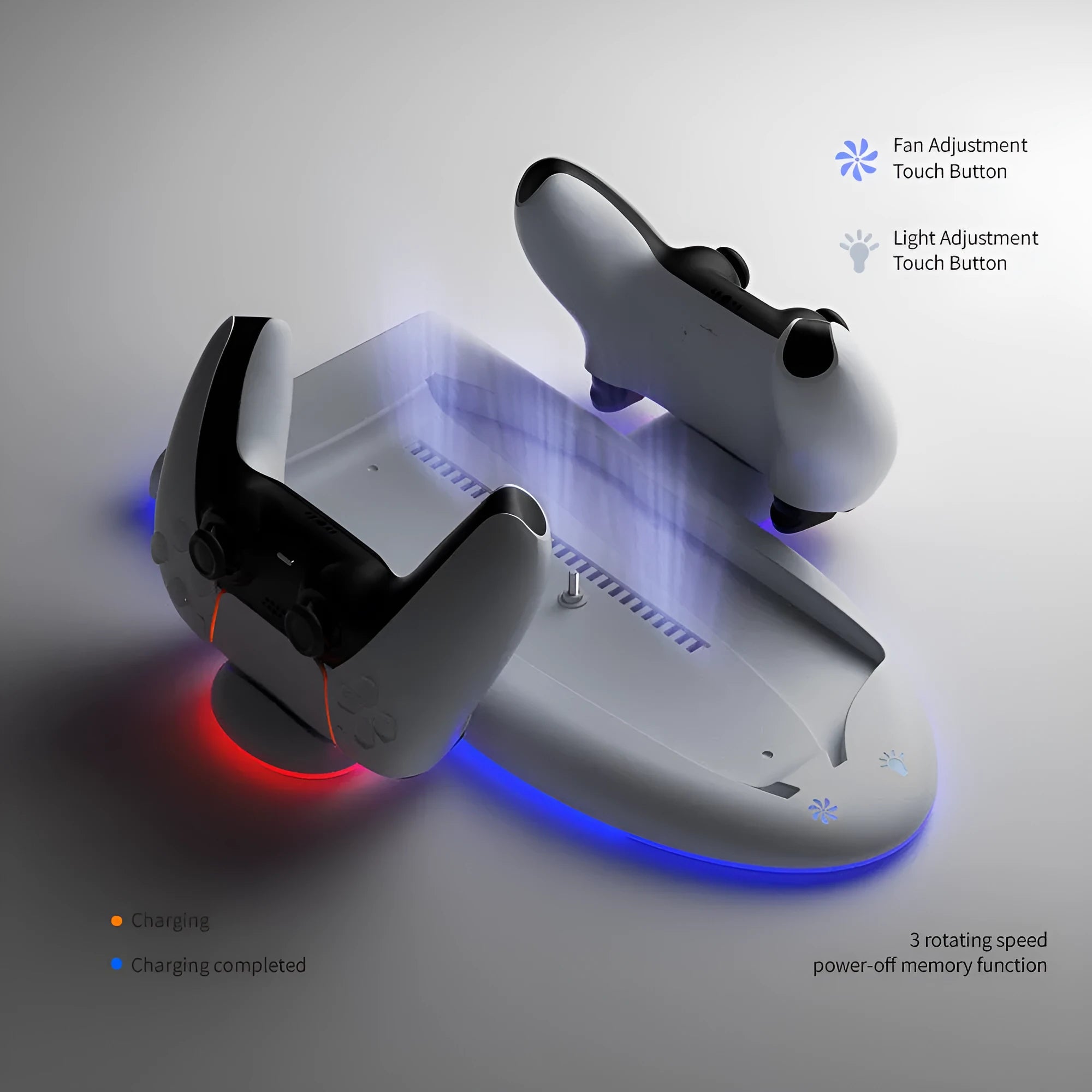 White PS5 Slim charging base with RGB ambient lighting and fixed controller charger