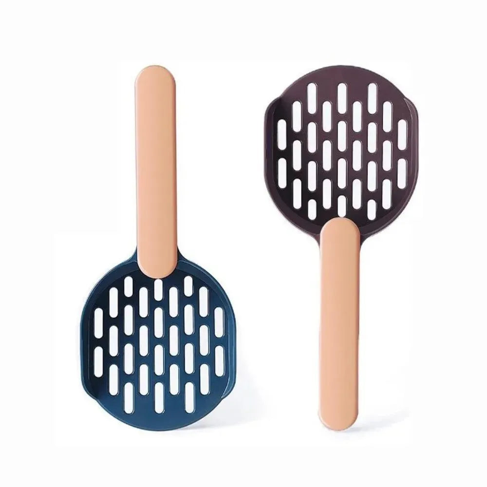Blue plastic cat litter scoop shovel with fine mesh sieve slots and ergonomic handle for litter box cleaning
