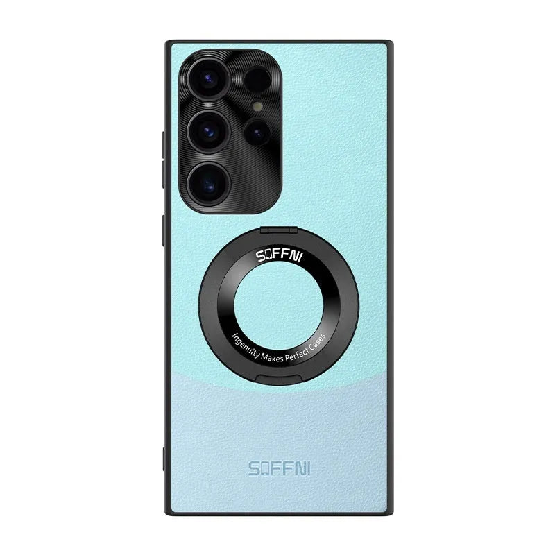 Samsung S23Ultra magnetic ring phone case in contrast colour with embossed imitation leather finish