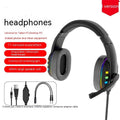 Black Colourful gaming headset with LED breathing light, sponge ear cushions, nylon cable, and omnidirectional microphone on a desk