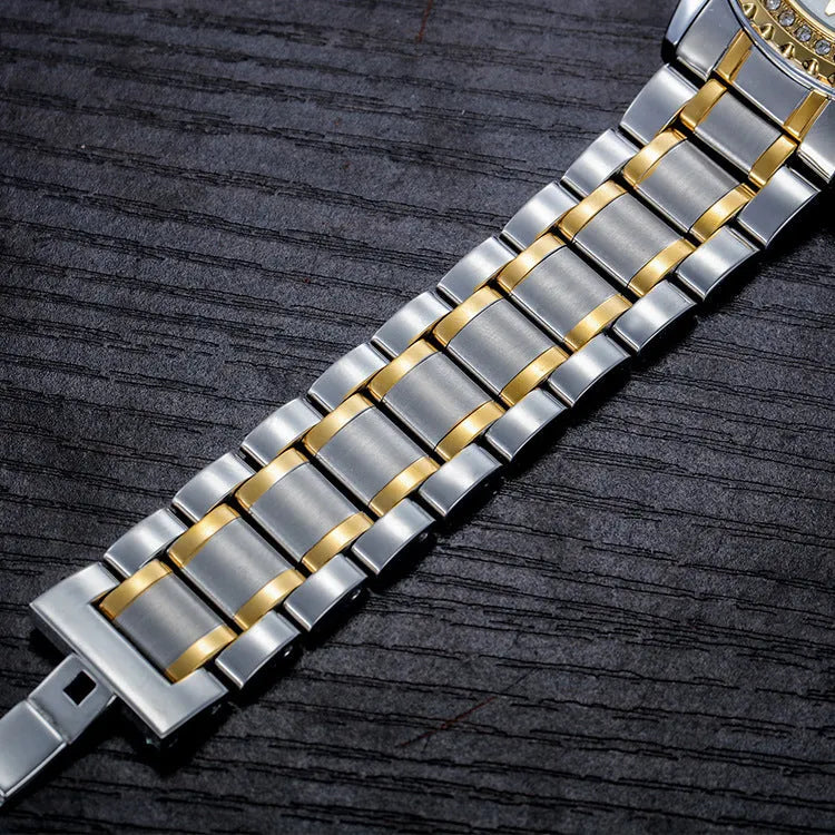 Fashionmonger men's gold and silver automatic watch with luminous hands on black and white dials.