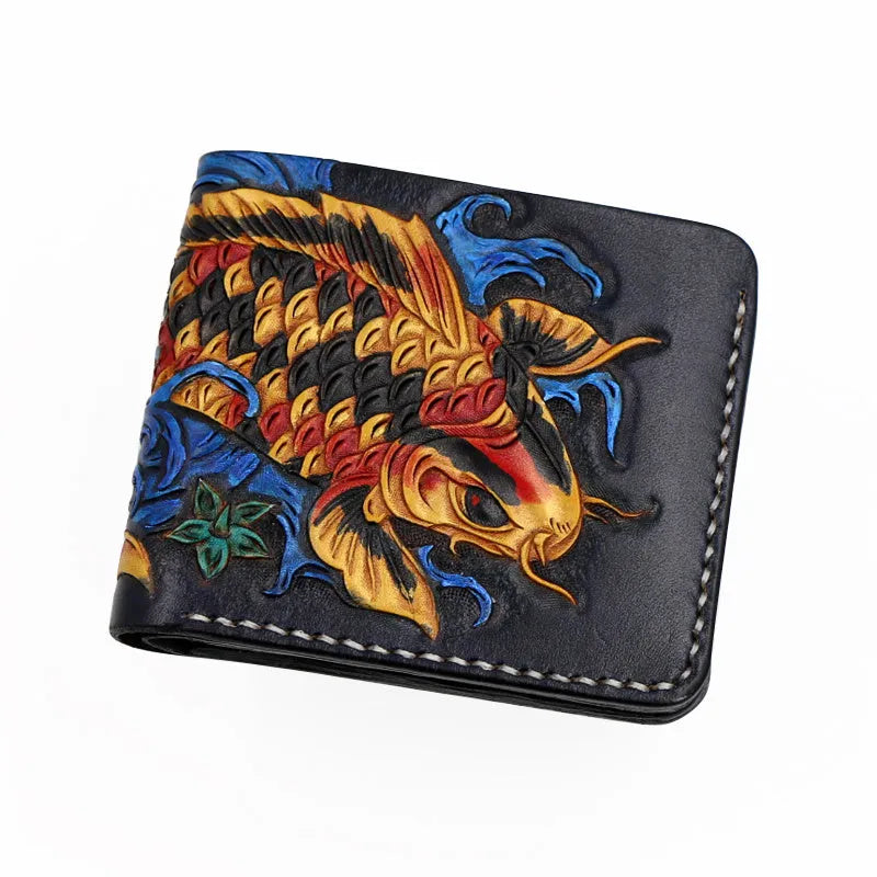 Hand-carved genuine cow leather men's short wallet in red, showing compact 10x12cm size and open bifold design.