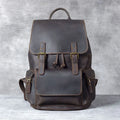 Brown leather backpack with double shoulder straps and denim lining interior
