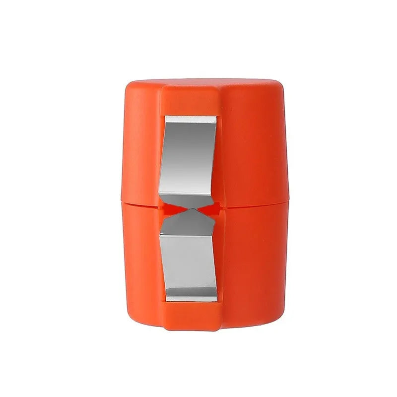 Egg shell opener and beater kitchen tool with stainless steel blades and coloured plastic handle