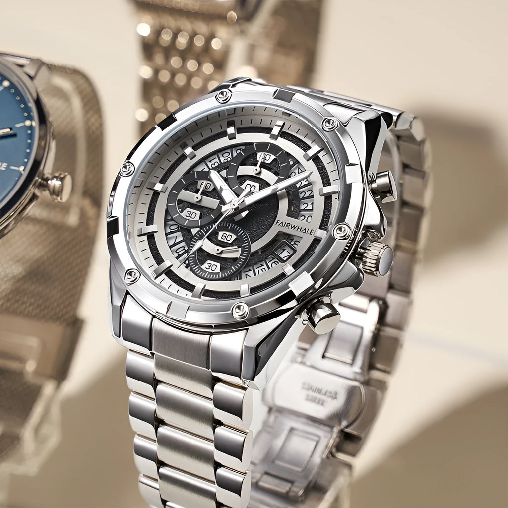 Men's waterproof quartz watch with luminous markers on a steel bracelet, showing black case with blue dial option.