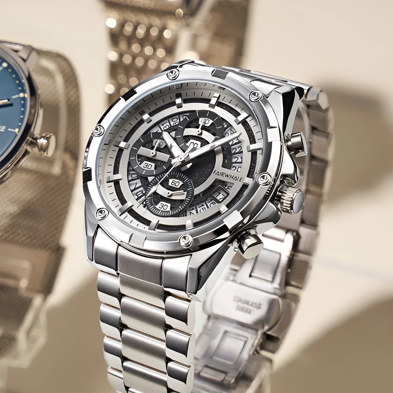 Men's waterproof quartz watch with luminous markers on a steel bracelet, showing black case with blue dial option.