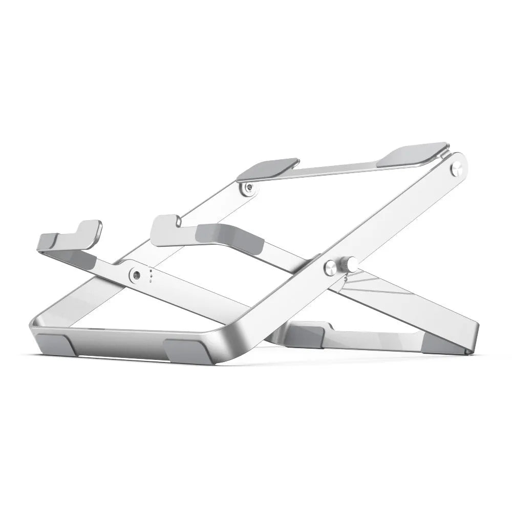 Silver grey folding aluminium alloy laptop stand with silicone pad, adjustable lifting and heat dissipation, for 11-18 inch devices