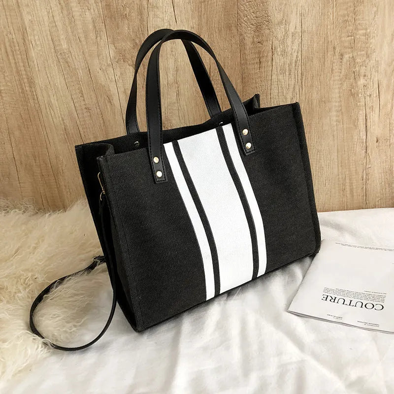 Canvas business commuting tote bag for women, horizontal square shape, black and white geometric stripe pattern