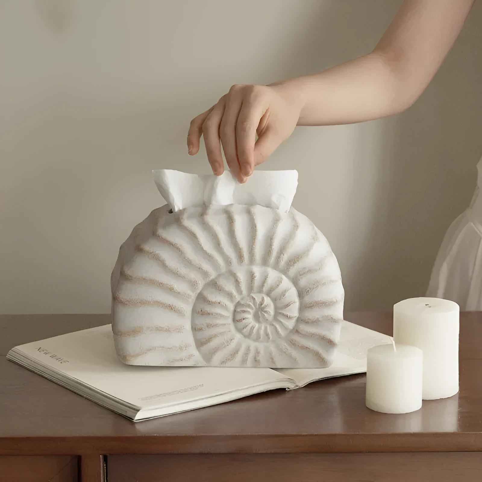 White resin tissue box cover with raised conch shell design
