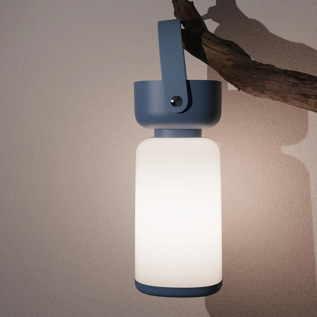 Portable LED camping lantern with USB charging, waterproof design, available in blue or brown, compact modern style.