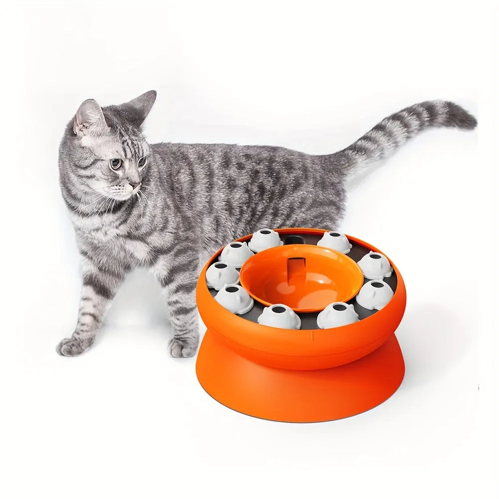 Orange or pink interactive cat slow feeder puzzle bowl with 15-degree tilt
