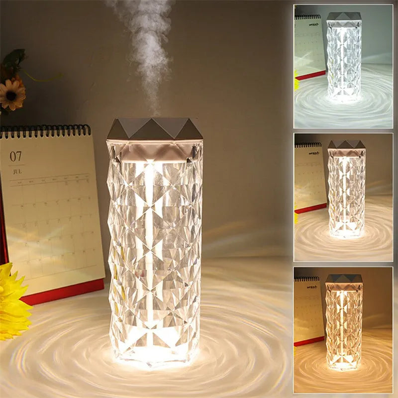 Crystal lamp humidifier with 1000ml tank showing cool mist and RGB night light on desktop