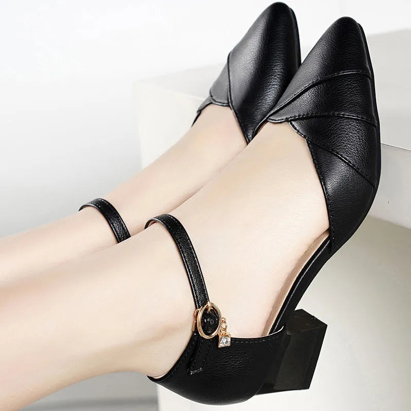 Women's high heel sandals with square toe and buckle strap in black and apricot colours.