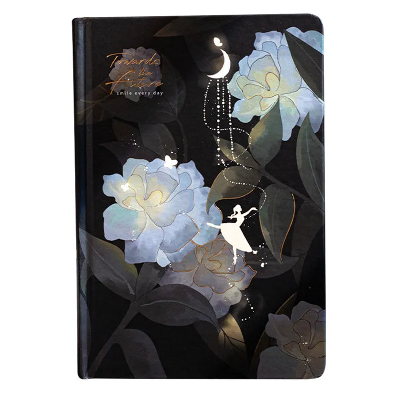 A5 notebook with luminous holographic cover open to show colour illustration on inside pages.