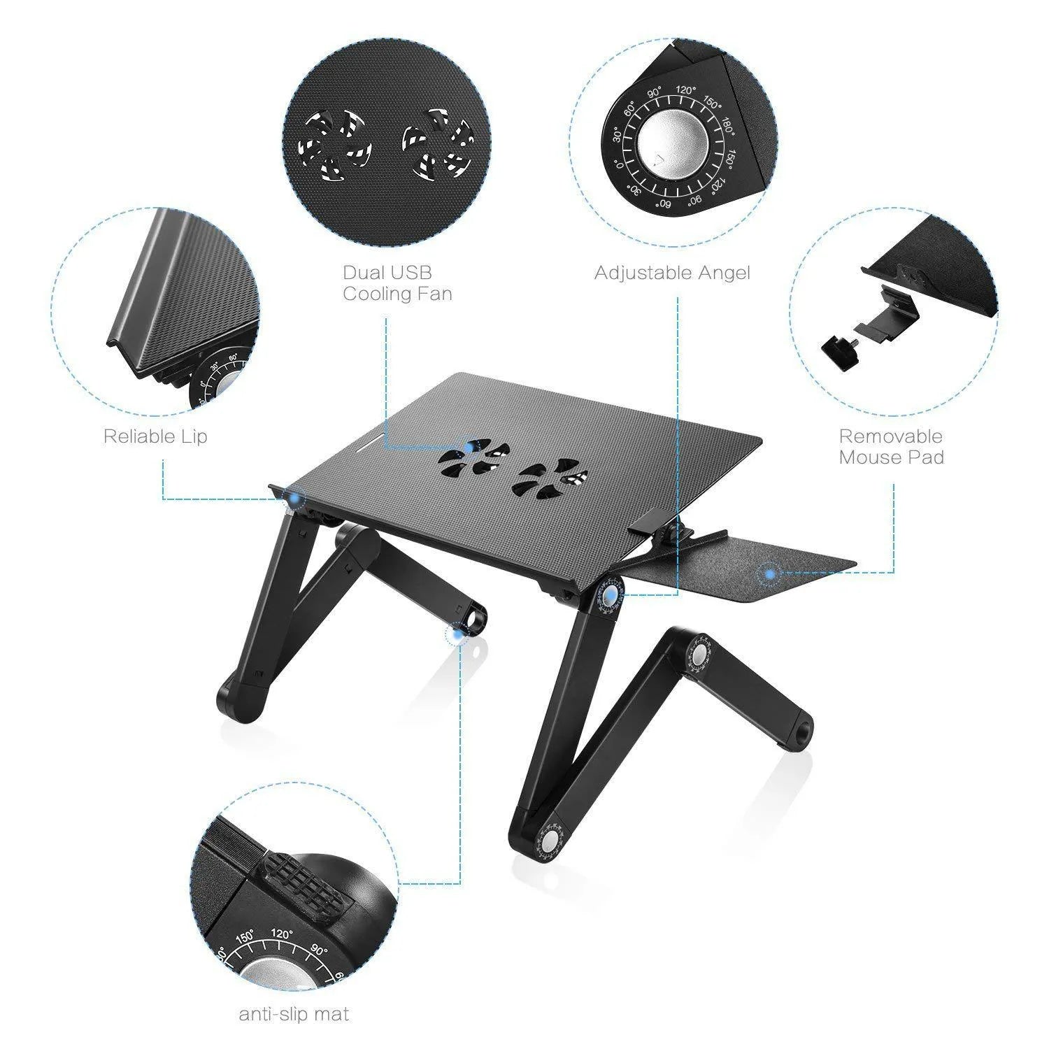 Folding black aluminium laptop cooling base with two fans and 1m power cord on a desk
