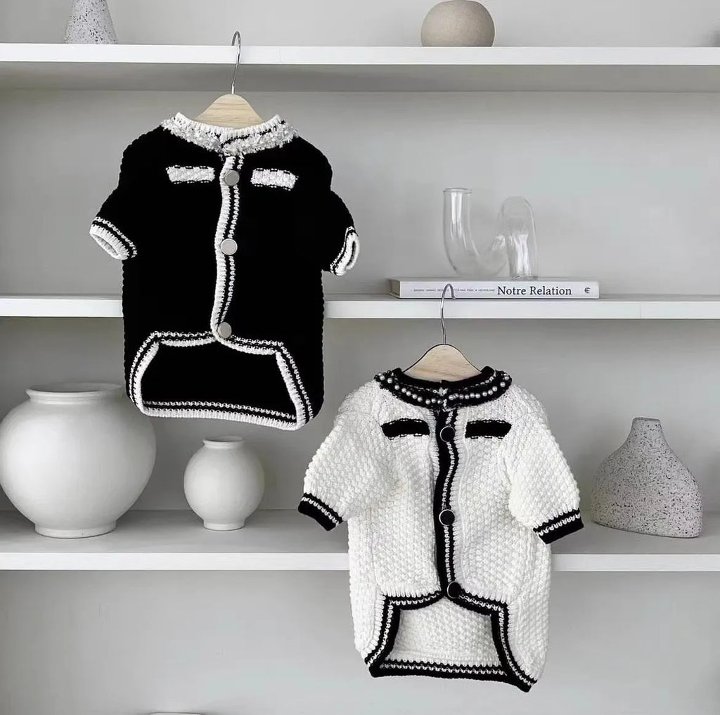 Korean style dog sweater with pearl trim collar in black or white colour for small dogs