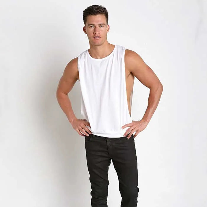 Men's sleeveless loose fit sports vest with large side slits in black, round neck, pullover style