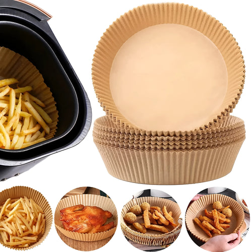 Pack of white round disposable paper liners for air fryer with 4.5cm high edge