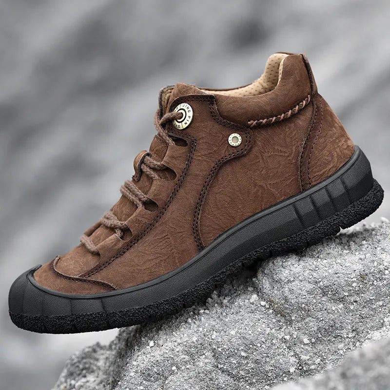 Genuine leather mid-top men's shoes in light brown with closed toe and low heel