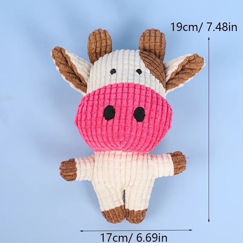 Animal shaped plush squeaky dog chew toy in assorted colours including blue, brown, and cow print.