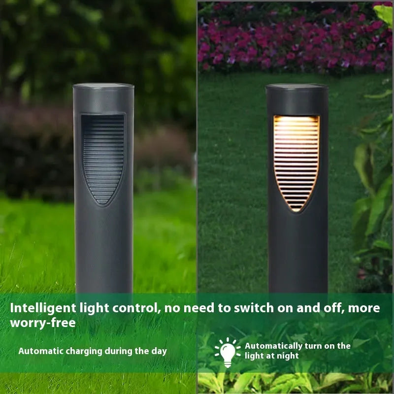 Black geometric abstract solar garden light with stainless steel and plastic construction for outdoor use