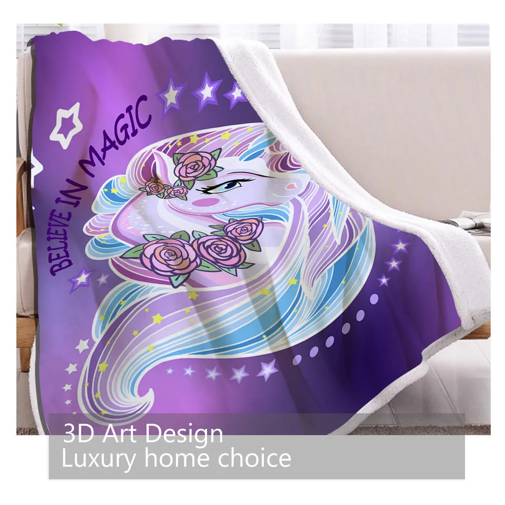 Purple unicorn themed sherpa fleece blanket with hemmed edges, available in 130x150cm and 150x200cm.