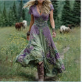 Women's loose fit deep V-neck short sleeve dress with creative pattern totem print in artistic retro style