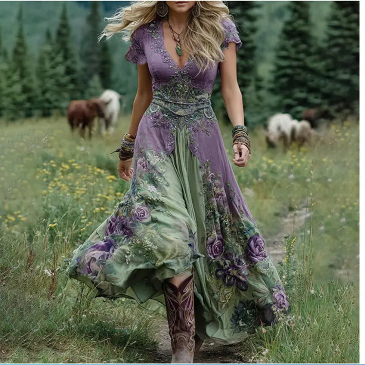 Women's loose fit deep V-neck short sleeve dress with creative pattern totem print in artistic retro style