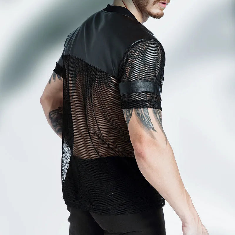 Men's black V-neck running t-shirt with mesh fabric and stitching detail