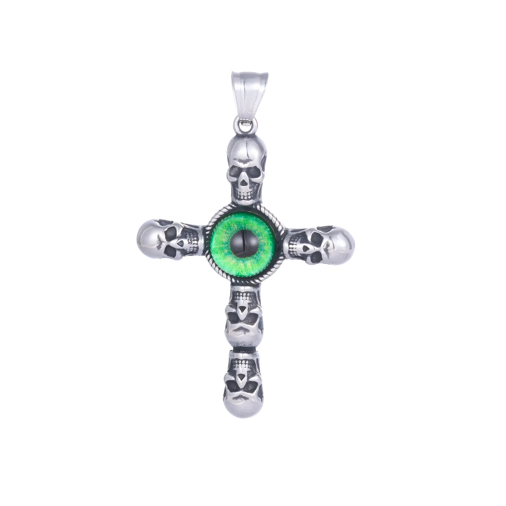 Stainless steel cross skull pendant with green eye detail in U-shaped geometric form on a chain