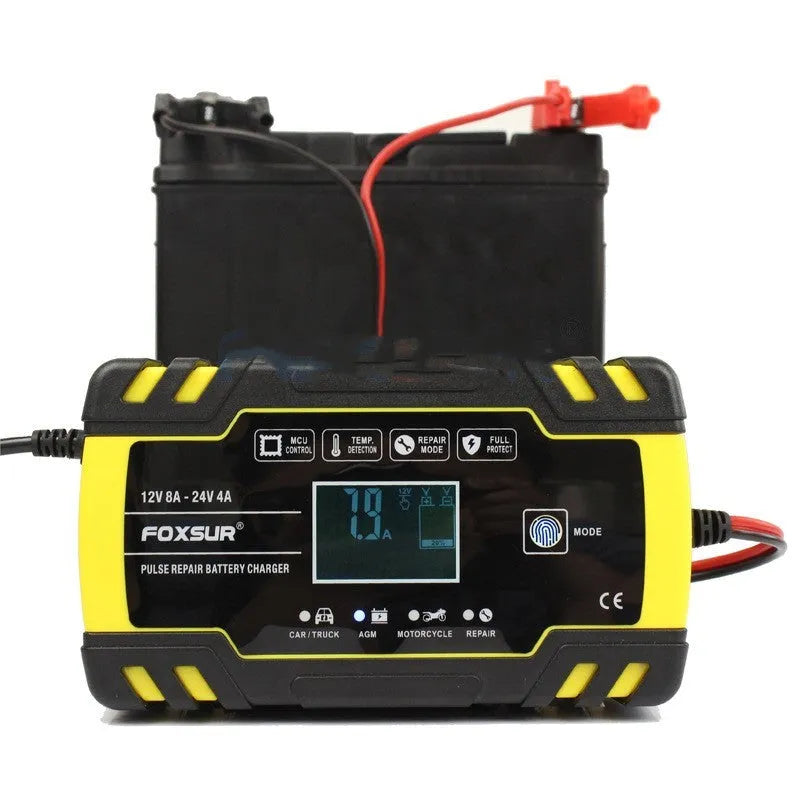 Motorcycle and car battery charger unit with digital screen display for 12V and 24V lead-acid batteries.