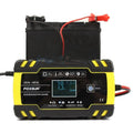 Motorcycle and car battery charger unit with digital screen display for 12V and 24V lead-acid batteries.