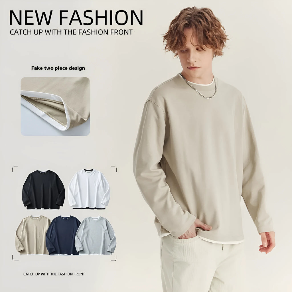 Men's loose fit long-sleeved cotton blend t-shirt in solid colours