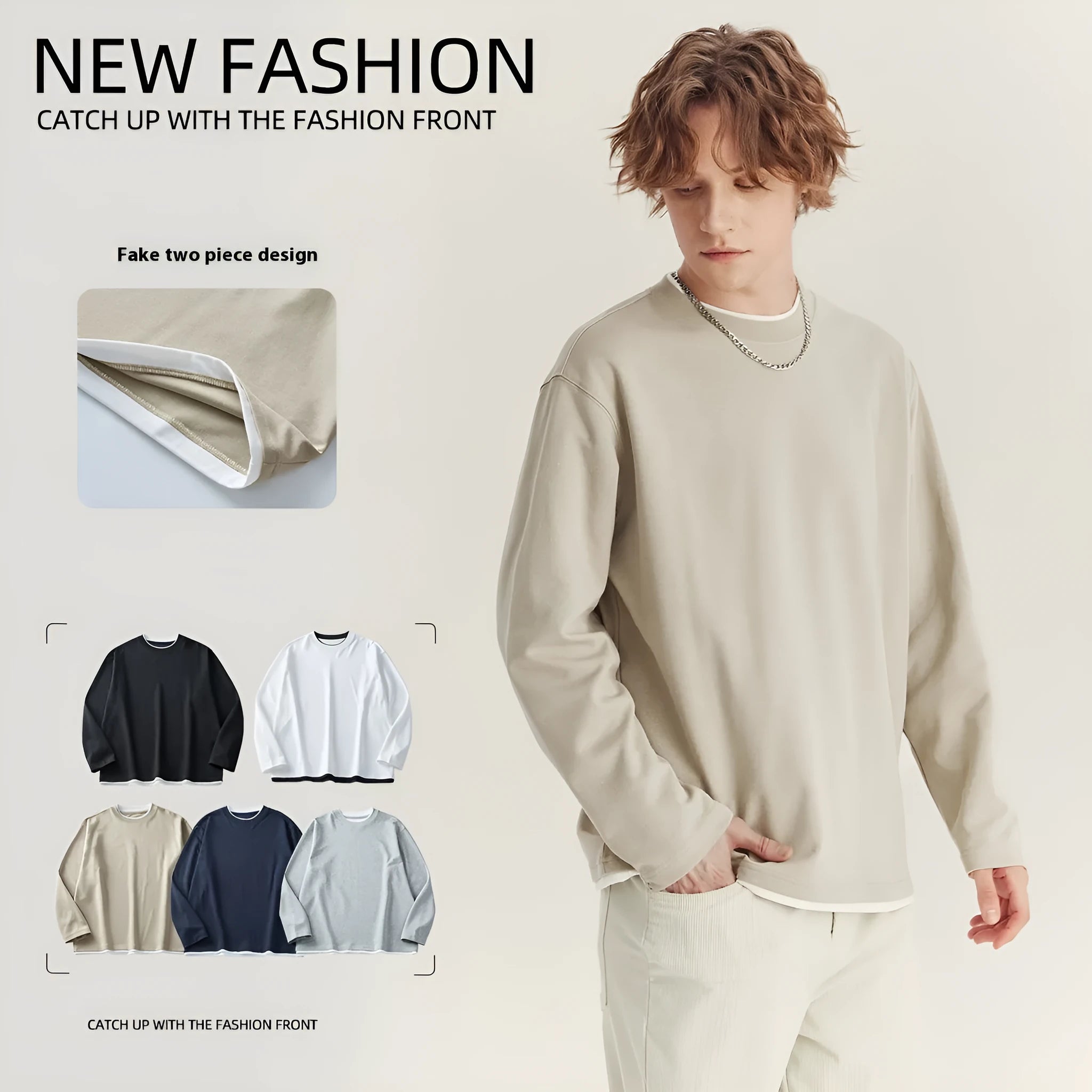 Men's loose fit long-sleeved cotton blend t-shirt in solid colours